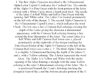 1. THE FIRST ALPHA CHARACTER DESCRIBED IS THE 3-DIMENSIONAL ALPHA LETTER CAPITAL O INDICATES THE CARDINAL ONE. THE OUTSIDE OF THE ALPHA O IS PINE/GREEN WITH THE FRONT PORTION OF THE LETTER COLORED WITH A WHITE CIRCLE ABOUT A FOURTH INCH THICK. THE INSIDE OF THE LETTER O IS HALF WHITE AND HALF IS PINE/GREEN WITH THE OPENING, HALF WHITE COLOR. THE LETTER O IS LOCATED PROMINENTLY ON THE LEFT-SIDE OF THE DESIGN. 2. THE SECOND ALPHA CHARACTER IS THE 3-DIMENSIONAL CAPITAL LETTER C, WHICH INDICATES THE WORD CHECK. THE LOW CASE C HAS A CRIMSON RED COLORING COVERING THE DEPTH OF THE LETTER GIVING THE CHARACTER A DIMENSIONAL APPEARANCE, WITH THE CRIMSON RED COLORING FORMING A LINE AROUND THE FRONT DIMENSION OF THE LETTER. THE ACTUAL LETTER IS A HALF WHITE AND HALF CRIMSON RED LOWER-CASE C, PLACED PROMINENTLY ON THE RIGHT-SIDE OF THE DESIGN TOUCHING THE PINE/GREEN BORDER OF THE ALPHA O CHARACTER TO THE LEFT OF THE CRIMSON RED LOWER-CASE LETTER C. 3. THE THIRD ALPHA CHARACTER A IS SLIGHTLY 3-DIMENSIONAL LACKING THE DEPTH OF THE LETTERS O AND C, WITH A YELLOW COLORING. THE A LETTER REPRESENTS THE WORD AWAY. THE ALPHA A IS YELLOW AND WHITE WITH THE INSIDE OPENING OF THE LETTER FORMING A TRIANGLE WITH THE SAME YELLOW COLORING AS THE OUTER 3-DIMENSIONAL COLORING OF THE LETTER. THE A IS POSITIONED BENEATH THE O AND C LETTERING TOUCHING THE ELONGATED STEM OF THE C AND THE BOTTOM CIRCULAR PORTION OF THE O.