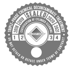 TRIPLE-PHASE CHEMICAL DECONTAMINATE TREATMENT CERTIFICATION OF CYLINDER CLEANING DO NOT DETACH OR DEFACE UNDER TERMS OF CONTRACT 2018 2019 SEALED 2020 2021 1 2 SOLVENT DIRECT 3 4