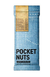 POCKET NUTS SUPER SEVEN MIX NET WT: 1.25OZ (35G) ALMONDS 25% HAZELNUTS 20% CASHEWS 15%PECANS 10% PISTACHIOS 10% BRAZIL NUTS 10% MACADAMIA 10%