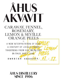 ÅHUS AKVAVIT CARAWAY, FENNEL, ROSEMARY,LEMON & SEVILLE ORANGE PEELS -  A NEW INTERPRETATION OF OVER A CENTURY OF LOCALLY HONED TRADITIONS FROM OUR DISTILLERY IN ÅHUS, BUILT IN 1906. SWEDISH AQUVIT ÅHUS DISTILLERY SINCE 1906 SEVILLE ORANGE LEMON PEELS 10/07/2017 PER HERMANSSON