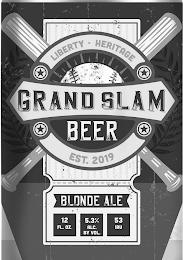 LIBERTY · HERITAGE GRAND SLAM BEER EST.2019 BLONDE ALE 12 FL. OZ. 5.3% ALC. BY VOL. 53 IBU