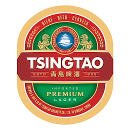 TSINGTAO ESTD 1903 BIERE BEER CERVEZA IMPORTED PREMIUM LAGER BREWED & BOTTLED BY TSINGTAO BREWERY CO., LTD IN QINGDAO CHINA