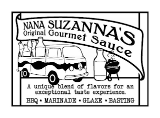 NANA SUZANNA'S ORIGINAL GOURMET SAUCE AUNIQUE BLEND OF FLAVORS FOR AN EXCEPTIONAL TASTE EXPERIENCE. BBQ · MARINADE · GLAZE · BASTING