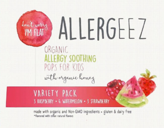 ALLERGEEZ DON'T WORRY I'M FLAT ORGANIC ALLERGY SOOTHING POPS FOR KIDS WITH ORGANIC HONEY VARIETY PACK 3 RASPBERRY 4 WATERMELON 3 STRAWBERRY MADE WITH ORGANIC AND NON-GMO INGREDIENTS · GLUTEN & DAIRY FREE * FLAVORED WITH OTHER NATURAL FLAVORS