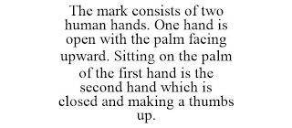 THE MARK CONSISTS OF TWO HUMAN HANDS. ONE HAND IS OPEN WITH THE PALM FACING UPWARD. SITTING ON THE PALM OF THE FIRST HAND IS THE SECOND HAND WHICH IS CLOSED AND MAKING A THUMBS UP.