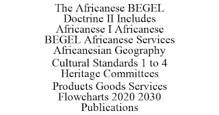 THE AFRICANESE BEGEL DOCTRINE II INCLUDES AFRICANESE I AFRICANESE BEGEL AFRICANESE SERVICES AFRICANESIAN GEOGRAPHY CULTURAL STANDARDS 1 TO 4 HERITAGE COMMITTEES PRODUCTS GOODS SERVICES FLOWCHARTS 2020 2030 PUBLICATIONS