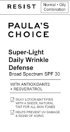 RESIST NORMAL · OILY COMBINATION PAULA'S CHOICE SUPER-LIGHT DAILY WRINKLE DEFENSE BROAD SPECTRUM SPF 30 WITH ANTIOXIDANTS + RESVERATROL SILKY LOTION MATTIFIES WITH A SHEER, NATURAL TINT FOR ALL SKIN TONES HELPS PREVENT UV DAMAGE & SIGNS OF AGING