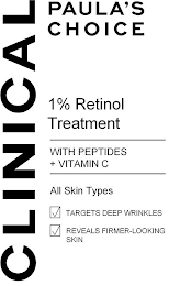 CLINICAL PAULA'S CHOICE 1% RETINOL TREATMENT WITH PEPTIDES + VITAMIN C ALL SKIN TYPES TARGETS DEEP WRINKLES REVEALS FIRMER-LOOKING SKIN