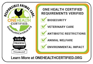 RESPONSIBLE ANIMAL CARE ONE HEALTH CERTIFIED ONEHEALTHCERTIFIED.ORG USDA PROCESS VERIFIED PROCESSVERIFIED.USDA.GOV ONE HEALTH CERTIFIED REQUIREMENTS VERIFIED BIOSECURITY VETERINARY CARE ANTIBIOTIC RESTRICTIONS ANIMAL WELFARE ENVIRONMENTAL IMPACT LEARN MORE AT ONEHEALTHCERTIFIED.ORG