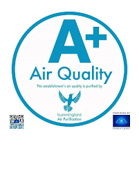 A+ AIR QUALITY THIS ESTABLISHMENT'S AIR QUALITY IS PURIFIED BY HUMMINGBIRD AIR PURIFICATION CERTIFIED BY ENERGY CLOUD