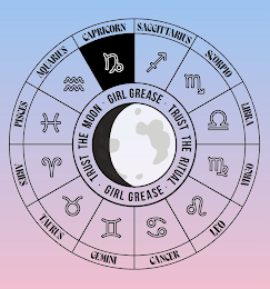 · TRUST THE MOON · GIRL GREASE · TRUST THE RITUAL · SAGGITTARIUS SCORPIO LIBRA VIRGO LEO CANCER GEMINI TAURUS ARIES PISCES AQUARIUS CAPRICORN