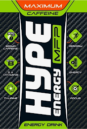 HYPE ENERGY MFP MAXIMUM CAFFEINE 300 MG300MG CAFFEINE 5 X VIT B 5 X VITAMINS TAURINE PERFORM ENERGY FOCUS ENERGY DRINK