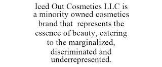 ICED OUT COSMETICS LLC IS A MINORITY OWNED COSMETICS BRAND THAT REPRESENTS THE ESSENCE OF BEAUTY, CATERING TO THE MARGINALIZED, DISCRIMINATED AND UNDERREPRESENTED.