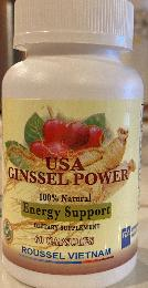 USA GINSSEL POWER 100% NATURAL ENERGY SUPPORT DIETARY SUPPLEMENT · USA · FOOD STANDARDS 60 CAPSULES ROUSSEL VIETNAM MADE IN U.S.A.