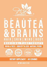 MOR ESSENTIALS ORGANIC BEAUTEA & BRAINS HAIR SKIN MIND BODY MEDICINAL PLANT THERAPY BRAIN & FOCUS SKIN REVITALISER NATURAL ENERGY USDA ORGANIC GOOD MANUFACTURING PRACTICE QUALITY ASSURED SOURCED FROM A GMP CERTIFIED FACILITY MANUFACTURED IN A FDA REGISTERED FACILITY THAT CONFORMS TO GMP STANDARDS 100% VEGAN DIETARY SUPPLEMENT 48 SERVINGS NET WT: 4 OZ (113 G)