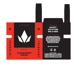 LIVE RESIN SATIVA STRAWBERRY DREAM NET WT. 1 GRAM IMPERIAL, EFFECTS HAPPY UPLIFTED RELAXED THE STRAIN THIS SPECIALLY CULTIVATED CROSS BETWEEN STRAWBERRY COUGH AND BLUE DREAM IS PROOF THAT YOU DON'T HAVE TO COMPROMISE POTENCY FOR FLAVOR. A DISTINCT TASTE OF ALL YOUR FAVORITE BERRIES, LEAVING YOU FEELING HAPPY AND RELAXED IMPERIALEXTRACTION ALWAYS LAB TESTED CA GOVERNMENT WARNING: THIS PACKAGE CONTAINS MARIJUANA, A SCHEDULE I CONTROLLED SUBSTANCE. KEEP OUT OF REACH OF CHILDREN AND ANIMALS. MARIJUANA MAY ONLY BE POSSESSED OR CONSUMED BY PERSONS 21 YEARS OF AGE OR OLDER UNLESS THE PERSON IS A QUALIFIED PATIENT. MARIJUANA USE WHILE PREGNANT OR BREASTFEEDING MAY BE HARMFUL. CONSUMPTION OF MARIJUANA IMPAIRS YOUR ABILITY TO DRIVE AND OPERATE MACHINERY. PLEASE USE EXTREME CAUTION.