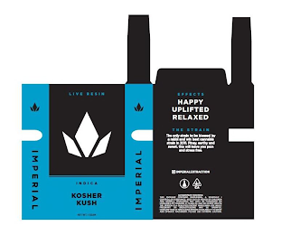 "LIVE RESIN", "INDICA", "KOSHER KUSH", "NET WT. 1 GRAM", "IMPERIAL", "EFFECTS", "HAPPY UPLIFTED RELAXED", "THE STRAIN", "THE ONLY STRAIN TO BE BLESSED BY A RABBI AND WIN BEST CANNABIS STRAIN IN 2011. PINEY, EARTH AND SWEET, THIS WILL LEAVE YOU PAIN AND STRESS FREE.", "IMPERIAL EXTRACTION", "ALWAYS LAB TESTED", "CA", GOVERNMENT WARNING: THIS PACKAGE CONTAINS MARIJUNA, A SCHEDULE I CONTROLLED SUBSTANCE. KEEP OUT OF REACH OF CHILDREN AND ANIMALS. MARIJUANA MAY ONLY BE POSSESSED OR CONSUMED BY PERSONS 21 YEARS OF AGE OR OLDER UNLESS THE PERSON IS A QUALIFIED PATIENT. MARIJUNA USE WHILE PREGNANT OR BREASTFEEDING MAY BE HARMFUL. CONSUMPTION OF MARIJUANA IMPAIRS YOUR ABILITY TO DRIVE AND OPERATE MACHINERY. PLEASE USE EXTREME CAUTION."