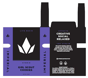 "LIVE RESIN", "HYBRID", "GIRL SCOUT COOKIES", "NET WT. 1 GRAM", "IMPERIAL", "EFFECTS", "CREATIVE", "SOCIAL", "RELAXED", "THE STRAIN", "THIS AWARD WINNING CLASSIC IS COMPLEX AND FULL-BODIED, WITH NOTES OF SWEET CITRUS AND SKUNKY HERBS. A POWERFUL TOOK FOR BATTLING DEPRESSION AND ANXIETY.", "IMPERIAL EXTRACTION", "ALWAYS LAB TESTED", "CA", GOVERNMENT WARNING: THIS PACKAGE CONTAINS MARIJUNA, A SCHEDULE I CONTROLLED SUBSTANCE. KEEP OUT OF REACH OF CHILDREN AND ANIMALS. MARIJUANA MAY ONLY BE POSSESSED OR CONSUMED BY PERSONS 21 YEARS OF AGE OR OLDER UNLESS THE PERSON IS A QUALIFIED PATIENT. MARIJUNA USE WHILE PREGNANT OR BREASTFEEDING MAY BE HARMFUL. CONSUMPTION OF MARIJUANA IMPAIRS YOUR ABILITY TO DRIVE AND OPERATE MACHINERY. PLEASE USE EXTREME CAUTION."