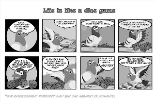 LIFE IS LIKE A DICE GAME EACH GAME INVOLVES TWO OR MORE PLAYERS. A BET AMOUNT IS DECIDED UPON! EACH BIRD TAKES TURNS TO ROLL. . UNTIL A RECOGNIZED COMBINATION OR NUMBER IS ROLLED! ROLL 1, 2, 3, OR A NUMBER 1 YOU AUTOMATICALLY LOSE! - ACED OUT IF PLAYERS ROLL SIMILAR POINTS. THE BIRD MUST ROLL THE DICE AGAIN! -PUSH ROLL 4, 5, 6, COLLECT YOUR BREAD! -HEAD CRACK YOU WIN SOME. YOU LOSE SOME. LIFE IS LIKE A DICE GAME! *FOR ENTERTAINMENT PURPOSES ONLY BUT THE GARMENT IS AUTHENTIC