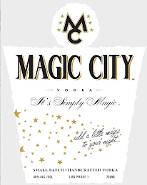 MC MAGIC CITY VODKA IT'S SIMPLY MAGIC ADD A LITTLE MAGIC TO YOUR NIGHT. SMALL BATCH · HANDCRAFTED VODKA 40% ALC.VOL. ( 80 PROOF ) 750ML