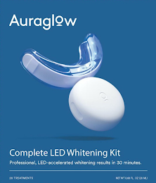 AURAGLOW COMPLETE LED WHITENING KIT PROFESSIONAL, LED-ACCELERATED WHITENING RESULTS IN 30 MINUTES. 20 TREATMENTS NET WT 0.68 FL. OZ (20 ML)