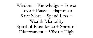 WISDOM + KNOWLEDGE = POWER LOVE + PEACE = HAPPINESS SAVE MORE + SPEND LESS = WEALTH MENTALITY SPIRIT OF EXCELLENCE + SPIRIT OF DISCERNMENT = VIBRATE HIGH