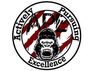 ACTIVELY PURSUING EXCELLENCE, APE, ROARING APE, FOUR STRIPE MARKS, TWO CIRCLES.