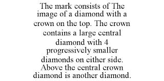 THE MARK CONSISTS OF THE IMAGE OF A DIAMOND WITH A CROWN ON THE TOP. THE CROWN CONTAINS A LARGE CENTRAL DIAMOND WITH 4 PROGRESSIVELY SMALLER DIAMONDS ON EITHER SIDE. ABOVE THE CENTRAL CROWN DIAMOND IS ANOTHER DIAMOND.