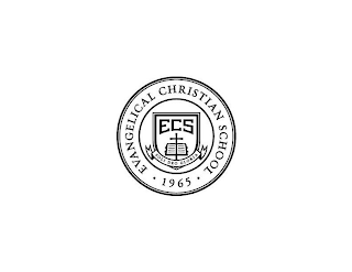 A CIRCLE WITH THE WORDS "EVANGELICAL CHRISTIAN SCHOOL 1965" SURROUNDING AN INNER CIRCLE WITH A CREST THAT HAS THE LETTERS "ECS" OVER A CROSS AND A BOOK. THERE IS ALSO A SMALL BANNER THAT HAS THE WORDS "SOLI DEO GLORIA".