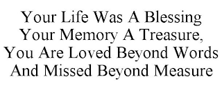 YOUR LIFE WAS A BLESSING YOUR MEMORY A TREASURE, YOU ARE LOVED BEYOND WORDS ANDMISSED BEYOND MEASURE