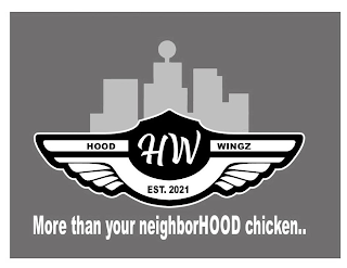 HOOD WINGZ HW EST. 2021 MORE THAN YOUR NEIGHBORHOOD CHICKEN..