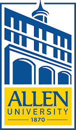 SILOUETTE OF AU STEEPLE ON TOP OF A YELLOW BLOCK STATING "ALLEN UNIVERSITY 1870" WITH BLUE BOARDER