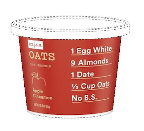 RX AM OATS 12 G. PROTEIN APPLE CINNAMON 1 EGG WHITE 9 ALMONDS 1 DATE 1/3 CUP OATS NO B.S. NET WT 2.18OZ (62G)