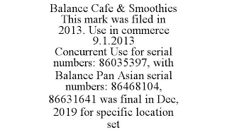 BALANCE CAFE & SMOOTHIES THIS MARK WAS FILED IN 2013. USE IN COMMERCE 9.1.2013 CONCURRENT USE FOR SERIAL NUMBERS: 86035397, WITH BALANCE PAN ASIAN SERIAL NUMBERS: 86468104, 86631641 WAS FINAL IN DEC, 2019 FOR SPECIFIC LOCATION SET