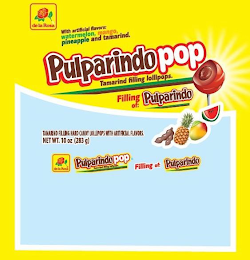 DE LA ROSA WITH ARTIFICIAL FLAVORS: WATERMELON, MANGO, PINEAPPLE AND TAMARIND. PULPARINDOPOP TAMARIND FILLED LOLLIPOPS. FILLING OF: PULPARINDO TAMARIND FILLING HARD CANDY LOLLIPOPS WITH ARTIFICIAL FLAVORS NET WT.10 OZ (283G) DE LA ROSA PULPARINDOPOP TAMARIND FILLED LOLLIPOPS FILLING OF: PULPARINDO