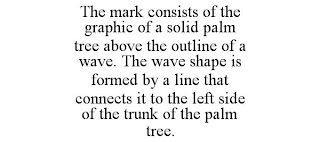 THE MARK CONSISTS OF THE GRAPHIC OF A SOLID PALM TREE ABOVE THE OUTLINE OF A WAVE. THE WAVE SHAPE IS FORMED BY A LINE THAT CONNECTS IT TO THE LEFT SIDE OF THE TRUNK OF THE PALM TREE.