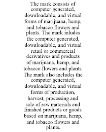 THE MARK CONSISTS OF COMPUTER GENERATED, DOWNLOADABLE, AND VIRTUAL FORMS OF MARIJUANA, HEMP, AND TOBACCO FLOWERS AND PLANTS. THE MARK INLUDES THE COMPUTER GENERATED, DOWNLOADABLE, AND VIRTUAL RETAIL OR COMMERCIAL DERIVATIVES AND PRODUCTS OF MARIJUANA, HEMP, AND TOBACCO FLOWERS AND PLANTS. THE MARK ALSO INCLUDES THE COMPUTER GENERATED, DOWNLOADABLE, AND VIRTUAL FORMS OF PRODUCTION, HARVEST, PROCESSING AND SALE OF RAW MATERIALS AND FINISHED PRODUCTS OR GOODS BASED ON MARIJUANA, HEMP, AND TOBACCO FLOWERS AND PLANTS.