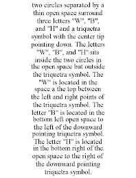 TWO CIRCLES SEPARATED BY A THIN OPEN SPACE SURROUND THREE LETTERS "W", "B", AND "H" AND A TRIQUETRA SYMBOL WITH THE CENTER TIP POINTING DOWN. THE LETTERS "W", "B", AND "H" SITS INSIDE THE TWO CIRCLES IN THE OPEN SPACE BUT OUTSIDE THE TRIQUETRA SYMBOL. THE "W" IS LOCATED IN THE SPACE A THE TOP BETWEEN THE LEFT AND RIGHT POINTS OF THE TRIQUETRA SYMBOL. THE LETTER "B" IS LOCATED IN THE BOTTOM LEFT OPEN SPACE TO THE LEFT OF THE DOWNWARD POINTING TRIQUETRA SYMBOL. THE LETTER "H" IS LOCATED IN THE BOTTOM RIGHT OF THE OPEN SPACE TO THE RIGHT OF THE DOWNWARD POINTING TRIQUETRA SYMBOL.