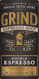 MADE WITH ARABICA COFFEE BEANS GRIND ESPRESSO SHOT FROM BEAN TO BAR DOUBLE ESPRESSO CARIBBEAN RUM BLENDED WITH ESPRESSO COFFEE, NATURAL FLAVORS AND CARAMEL COLOR 30% ALC BY VOL (60 PROOF)