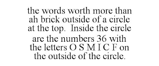 THE WORDS WORTH MORE THAN AH BRICK OUTSIDE OF A CIRCLE AT THE TOP. INSIDE THE CIRCLE ARE THE NUMBERS 36 WITH THE LETTERS O S M I C F ON THE OUTSIDE OF THE CIRCLE.