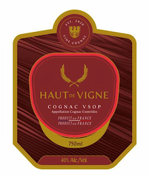 HAUTE DE VIGNE EST. 2020 FINE COGNAC COGNAC VSOP APPELLATION COGNAC CONTROLEE PRODUIT DE FRANCE PRODUCT OF FRANCE 750ML 40% ALC/VOL