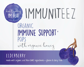 IMMUNITEEZ DON'T WORRY I'M FLAT ORGANIC IMMUNE SUPPORT* POPS WITH ORGANIC HONEY ELDERBERRY MADE WITH ORGANIC AND NON-GMO INGREDIENTS · GLUTEN & DAIRY FREE