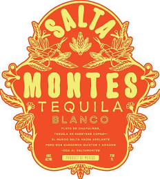 SALTA MONTES TEQUILA BLANCO PLATO DE CHAPULINES, TEQUILA EN NUESTRAS COPAS - EL MUNDO SALTA HACIA ADELANTE PERO NOS QUEDAMOS QUIETOS Y AMADOS - ODA AL SALTAMONTES 40% ALC/VOL PRODUCT OF MEXICO 750 ML