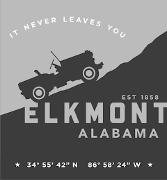 IT NEVER LEAVES YOU EST 1858 ELKMONT ALABAMA 34° 55' 42" N 86° 58' 24" W