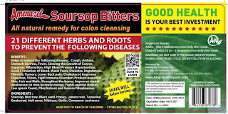 BLACK BACKGROUND AND WITH BIG RED LETTERS AT THE TOP THAT SAYS AMENAZEL SOURSOP BITTERS IN BIG RED FONT WITH WHITE EDGES. THE NEXT LINE BELOW HAS THE TEXTS ALL NATURAL REMEDY FOR COLON CLEANSING IN ORANGE COLOR ON BLACK BACKGROUND. ON THE NEXT 2 LINES ARE THE FOLLOWING WORDS 21 DIFFERENT HERBS AND ROOTS TO PREVENT THE FOLLOWING DISEASE IN WHITE FONT AND ON A RED BACKGROUND. THE NEXT LINE HAS THE FOLLOWING WORD BENEFITS FOLLOWED BY 9 LINES OF VARIOUS BENEFITS OF THE PRODUCT IN SMALL WHITE FONT. THE NEXT LINE HAS THE WORD INGREDIENTS FOLLOWED BY THE ORGANIC COMPONENTS OF THE PRODUCT ALL IN WHITE FONT AND ON A BACKGROUND OF A PICTURE OF A SOURSOP FRUIT WHICH IS GREEN IN COLOR. ON THE SIDE OF THE LABEL FROM THE TOP RIGHT IS THE WORDS GOOD HEALTH IN BIG GREEN FONT AND BELOW ON THE NEXT LINE IN BLACK FONT ARE THE WORDS IS YOUR BEST INVESTEMENT FOLLOWED ON THE NEXT LINE BY 11 RED STARS AND ON A YELLOW BACKGROUND FOLLOWED ON THE NEXT LINE ON GREEN BACKGROUND IS THE LOGO THAT SAYS AM ENCIRCLED IN A WHITE RING WITH A TAIL SHOWING A LEAF.