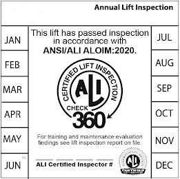 ANNUAL LIFT INSPECTION THIS LIFT HAS PASSED INSPECTION IN ACCORDANCE WITH ANSI/ALI ALOIM:2020. CERTIFIED LIFT INSPECTION ALI CHECK 360 FOR TRAINING AND MAINTENANCE EVALUATION FINDINGS SEE LIFT INSPECTION REPORT ON FILE. ALI CERTIFIED INSPECTOR # AUTOMOTIVE LIFT INSTITUTE ALI CERTIFIED LIFT INSPECTOR JAN FEB MAR APR MAY JUN JUL AUG SEP OCT NOV DEC