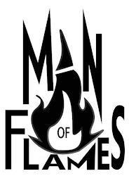 MY MAN-OF -FLAMES LOGO HAS A CAPITAL M ON THE LEFT SIDE, A CAPITAL N ON THE RIGHT SIDE, IN THE MIDDLE THERE IS A BIG FLAME AND THE TIP OF THE FLAME HAS A WHITE LINE IN THE MIDDLE USED TO SYMBOLIZE A CAPITAL A TO SPELL OUT THE WORD MAN. IN THAT FLAME IS THE WORD OF, THE BOTTOM SPELLS OUT FLAMES WHICH MAKES MAN OF FLAMES AS ITS ENTIRETY.