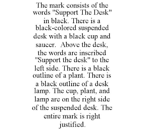 THE MARK CONSISTS OF THE WORDS "SUPPORT THE DESK" IN BLACK. THERE IS A BLACK-COLORED SUSPENDED DESK WITH A BLACK CUP AND SAUCER. ABOVE THE DESK, THE WORDS ARE INSCRIBED "SUPPORT THE DESK" TO THE LEFT SIDE. THERE IS A BLACK OUTLINE OF A PLANT. THERE IS A BLACK OUTLINE OF A DESK LAMP. THE CUP, PLANT, AND LAMP ARE ON THE RIGHT SIDE OF THE SUSPENDED DESK. THE ENTIRE MARK IS RIGHT JUSTIFIED.