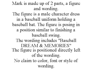 MARK IS MADE UP OF 2 PARTS, A FIGURE AND WORDING. THE FIGURE IS A MALE CHARACTER DRESS IN A BASEBALL UNIFORM HOLDING A BASEBALL BAT. THE FIGURE IS POSING IN A POSITION SIMILAR TO FINISHING A BASEBALL SWING. THE WORDING INCLUDES "BASEBALL DREAM & MEMORIES" THE FIGURE IS POSITIONED DIRECTLY LEFT OF THE WORDING. NO CLAIM TO COLOR, FONT OR STYLE OF WORDING.