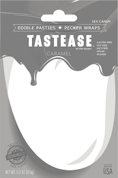 TASTEASE BY PASTEASE EDIBLE PASTIES PECKER WRAPS SEX CANDY -GLUTEN-FREE -SOY-FREE -NUT-FREE -VEGAN-KOSHER-CARAMEL TEASE · TASTE · HINT TASTE · TEASE · HINT TASTERS INCLUDED TASTY SEX CANDY NET WT. 0.3 OZ (8.5G) MADE IN THE USA